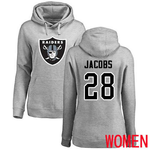 Oakland Raiders Ash Women Josh Jacobs Name and Number Logo NFL Football 28 Pullover Hoodie Sweatshirts
